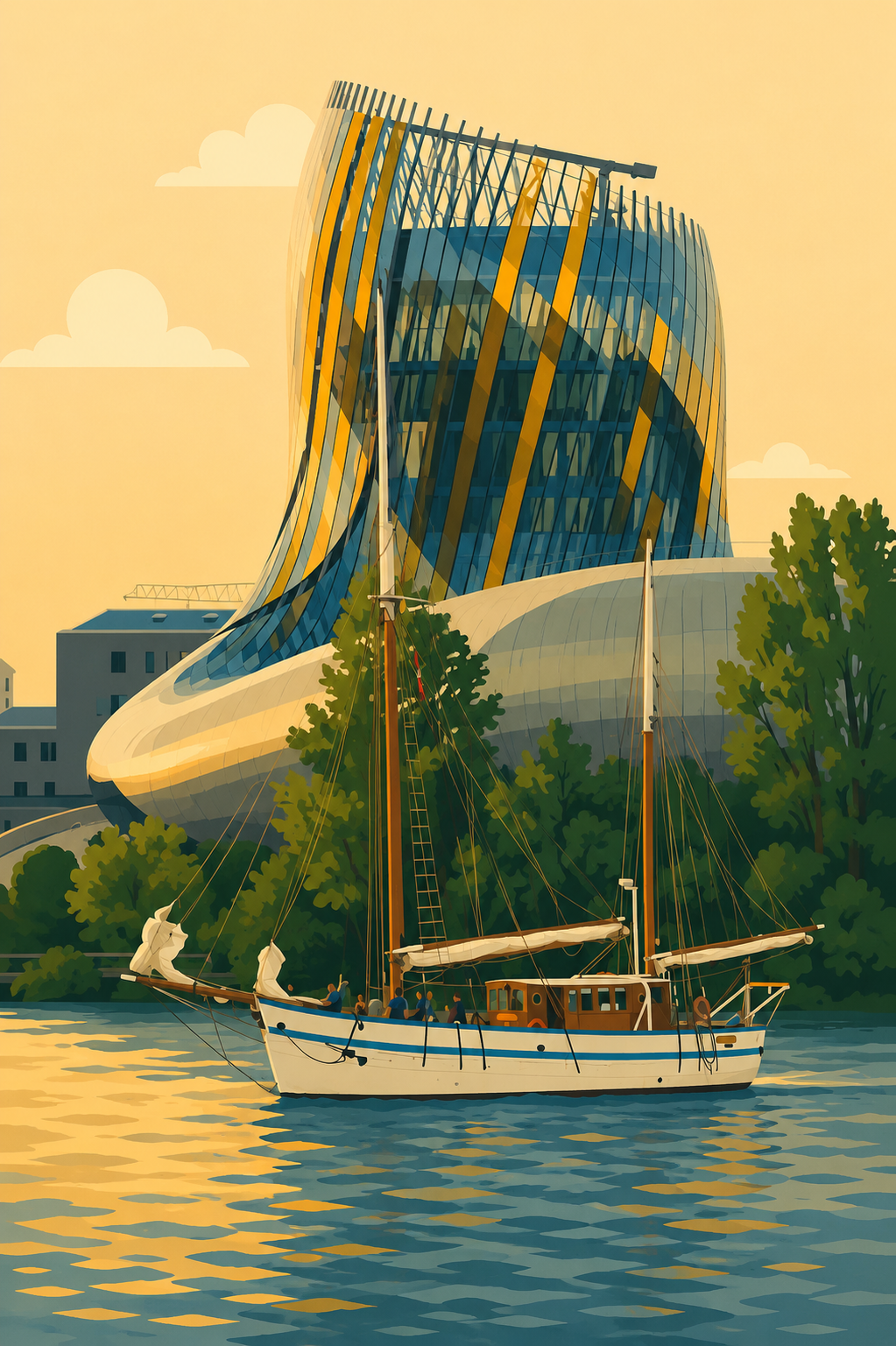 Affiche illustrée — La Cité du Vin & les Bassins à flot, Bordeaux — séance de la méthode Sandwalk